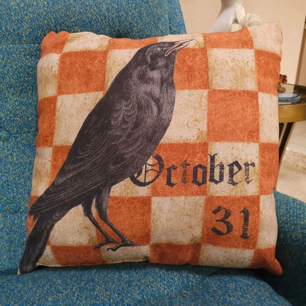 Pottery Barn Halloween Crow Raven October 31 Checkered Pillow 20